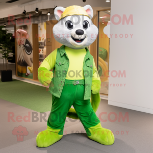 Lime Green Ferret mascot costume character dressed with a Bootcut Jeans and Shoe laces