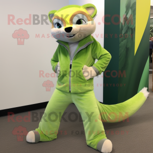 Lime Green Ferret mascot costume character dressed with a Bootcut Jeans and Shoe laces