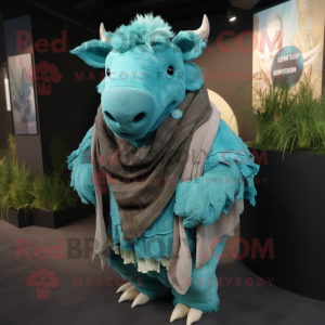 Turquoise Woolly Rhinoceros mascot costume character dressed with a Waistcoat and Shawls