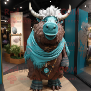 Turquoise Woolly Rhinoceros mascot costume character dressed with a Waistcoat and Shawls