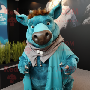 Turquoise Woolly Rhinoceros mascot costume character dressed with a Waistcoat and Shawls