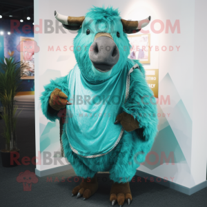 Turquoise Woolly Rhinoceros mascot costume character dressed with a Waistcoat and Shawls