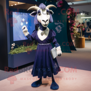 Navy Goat mascot costume character dressed with a Maxi Skirt and Clutch bags