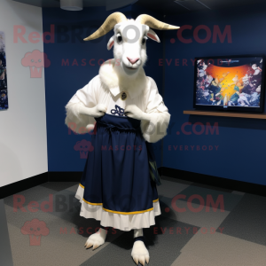 Navy Goat mascot costume character dressed with a Maxi Skirt and Clutch bags