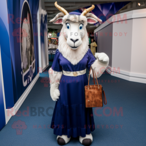 Navy Goat mascot costume character dressed with a Maxi Skirt and Clutch bags