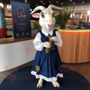 Navy Goat mascot costume character dressed with a Maxi Skirt and Clutch bags
