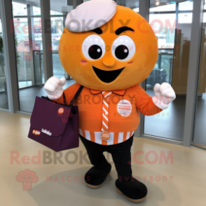 Orange Cupcake mascot costume character dressed with a Button-Up Shirt and Tote bags