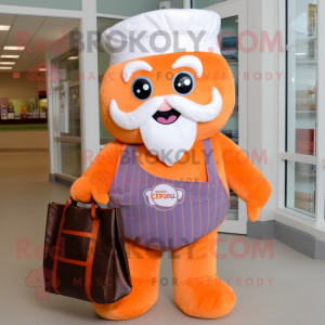 Orange Cupcake mascot costume character dressed with a Button-Up Shirt and Tote bags