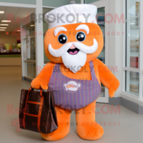 Orange Cupcake mascot costume character dressed with a Button-Up Shirt and Tote bags