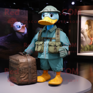 Cyan Duck mascot costume character dressed with a Cargo Pants and Handbags