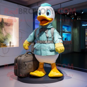 Cyan Duck mascot costume character dressed with a Cargo Pants and Handbags