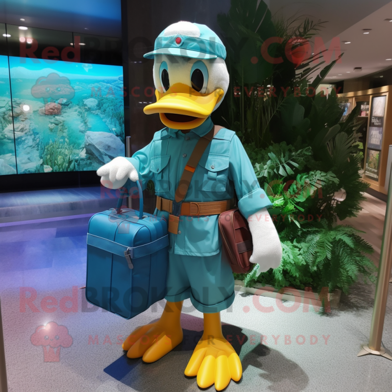 Cyan Duck mascot costume character dressed with a Cargo Pants and Handbags