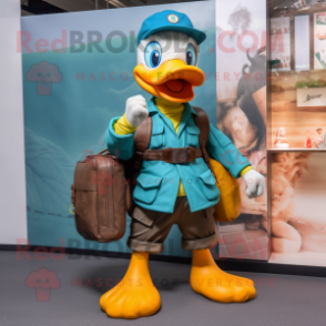 Cyan Duck mascot costume character dressed with a Cargo Pants and Handbags