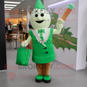 Green Ice Cream Cone mascot costume character dressed with a Pencil Skirt and Tote bags