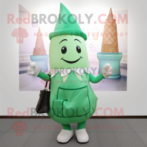Green Ice Cream Cone mascot costume character dressed with a Pencil Skirt and Tote bags