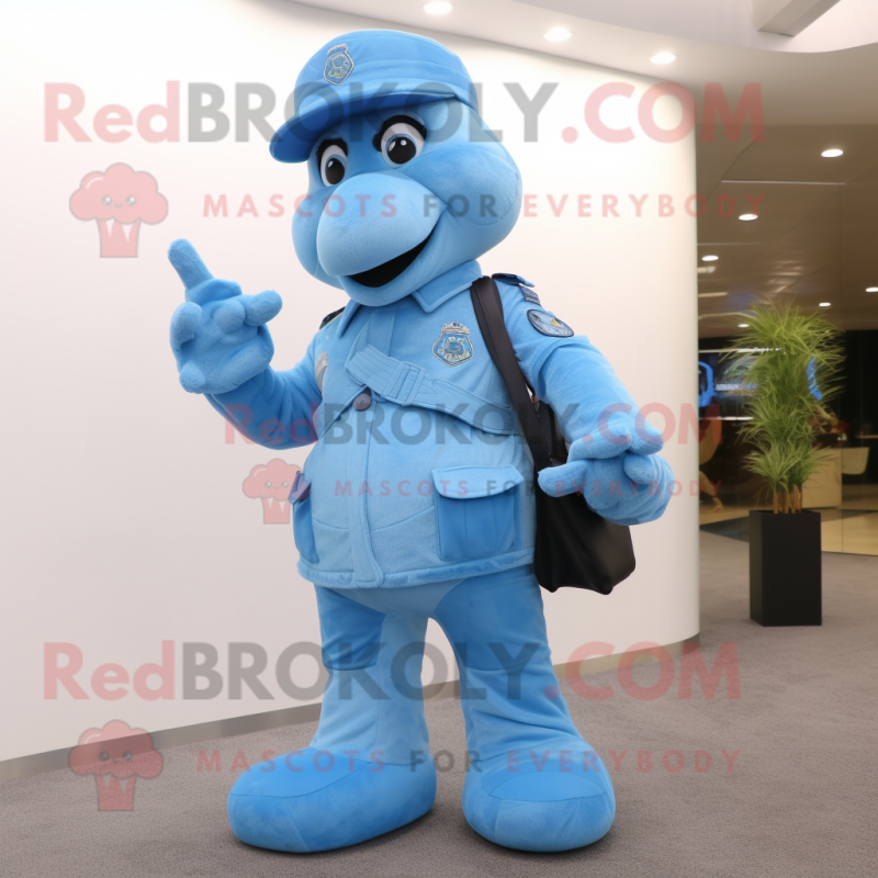 Sky Blue Air Force Soldier mascot costume character dressed with a Vest and Clutch bags