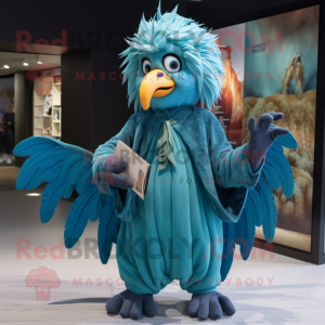 Cyan Harpy mascot costume character dressed with a Culottes and Keychains