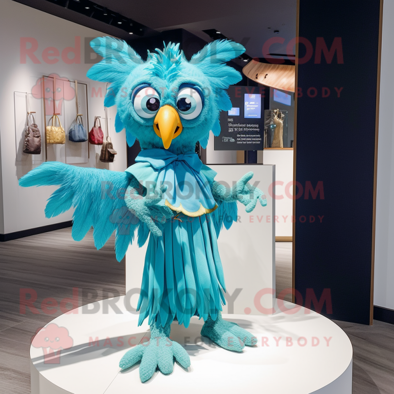 Cyan Harpy mascot costume character dressed with a Culottes and Keychains Cyan Harpy mascot costume character dressed with a Culottes and Keychains