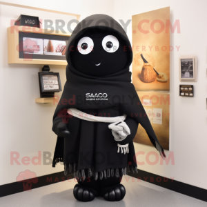 Black Miso Soup mascot costume character dressed with a Sweater and Shawl pins
