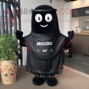 Black Miso Soup mascot costume character dressed with a Sweater and Shawl pins