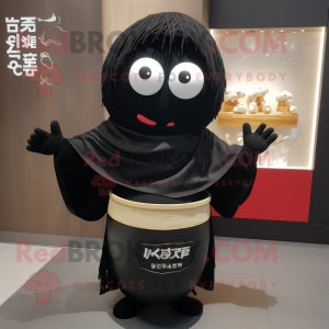 Black Miso Soup mascot costume character dressed with a Sweater and Shawl pins