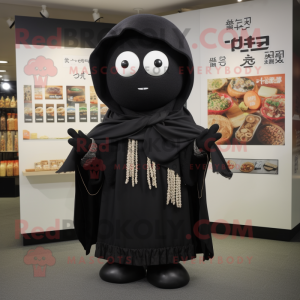 Black Miso Soup mascot costume character dressed with a Sweater and Shawl pins