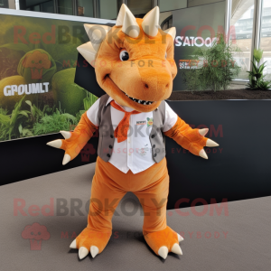 Orange Stegosaurus mascot costume character dressed with a Chinos and Ties