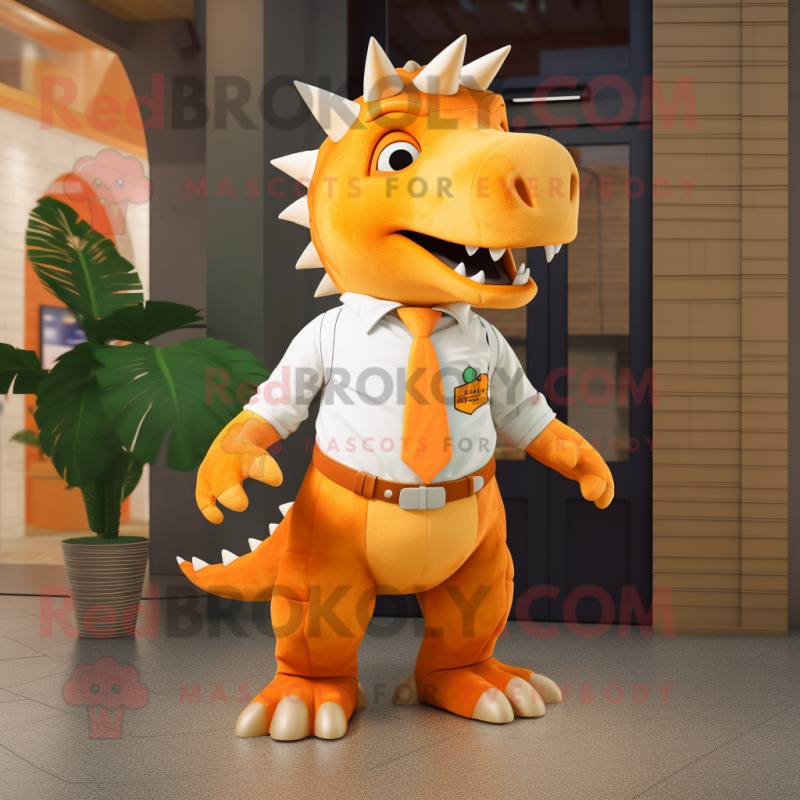 Orange Stegosaurus mascot costume character dressed with a Chinos and Ties Orange Stegosaurus mascot costume character dressed with a Chinos and Ties