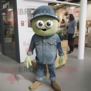 Olive Cyclops mascot costume character dressed with a Denim Shirt and Hat pins