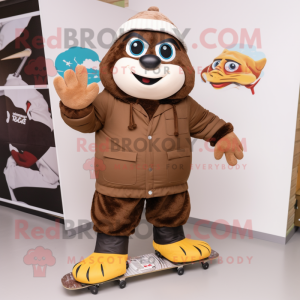 Brown Skateboard mascot costume character dressed with a Parka and Foot pads