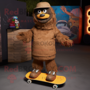 Brown Skateboard mascot costume character dressed with a Parka and Foot pads