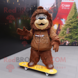 Brown Skateboard mascot costume character dressed with a Parka and Foot pads