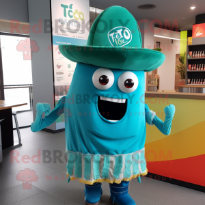 Cyan Tacos mascot costume character dressed with a T-Shirt and Caps