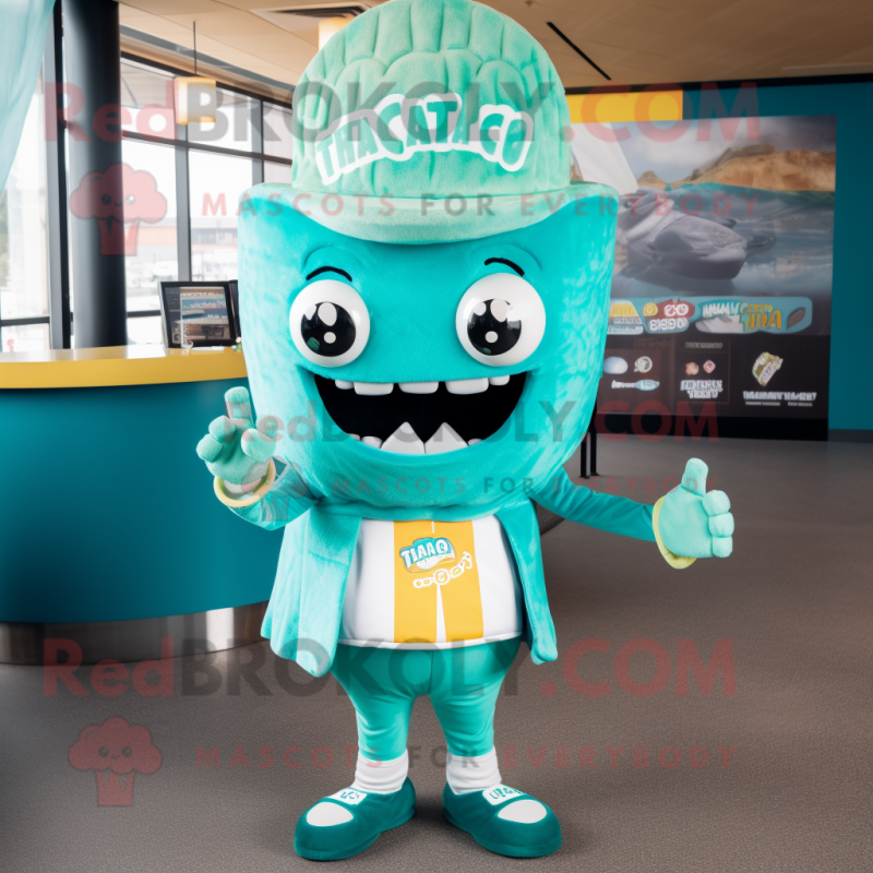 Cyan Tacos mascot costume character dressed with a T-Shirt and Caps Cyan Tacos mascot costume character dressed with a T-Shirt and Caps
