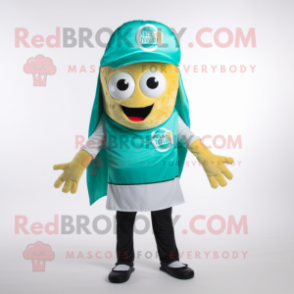 Cyan Tacos mascot costume character dressed with a T-Shirt and Caps