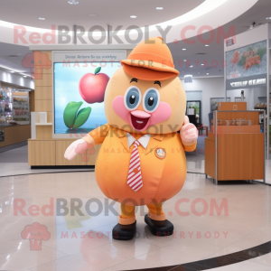 Peach Apricot mascot costume character dressed with a A-Line Dress and Briefcases
