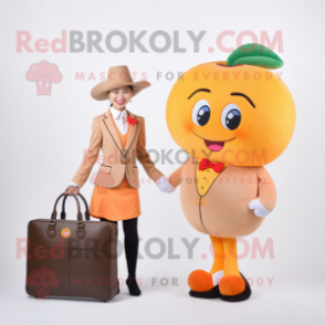 Peach Apricot mascot costume character dressed with a A-Line Dress and Briefcases