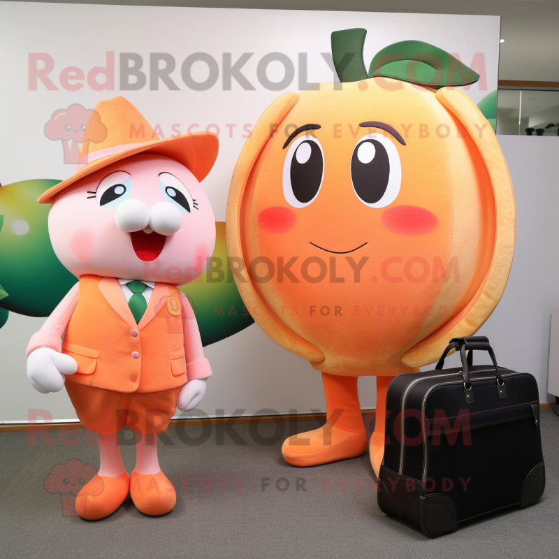Peach Apricot mascot costume character dressed with a A-Line Dress and Briefcases Peach Apricot mascot costume character dressed with a A-Line Dress and Briefcases