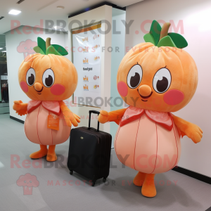 Peach Apricot mascot costume character dressed with a A-Line Dress and Briefcases