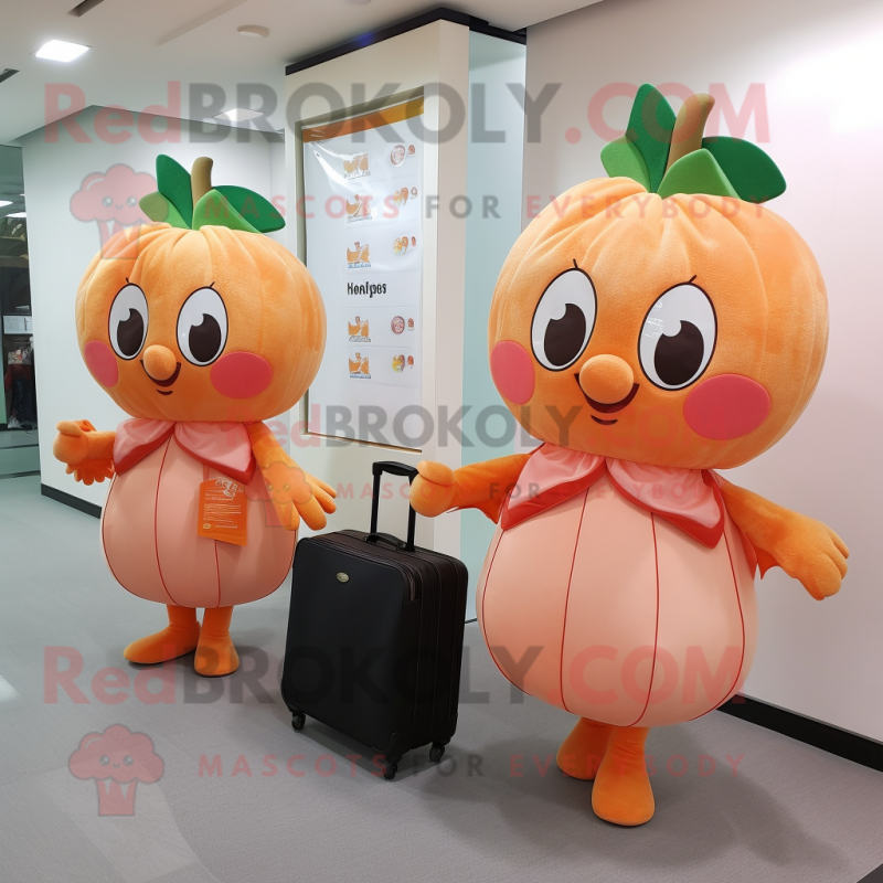 Peach Apricot mascot costume character dressed with a A-Line Dress and Briefcases Peach Apricot mascot costume character dressed with a A-Line Dress and Briefcases