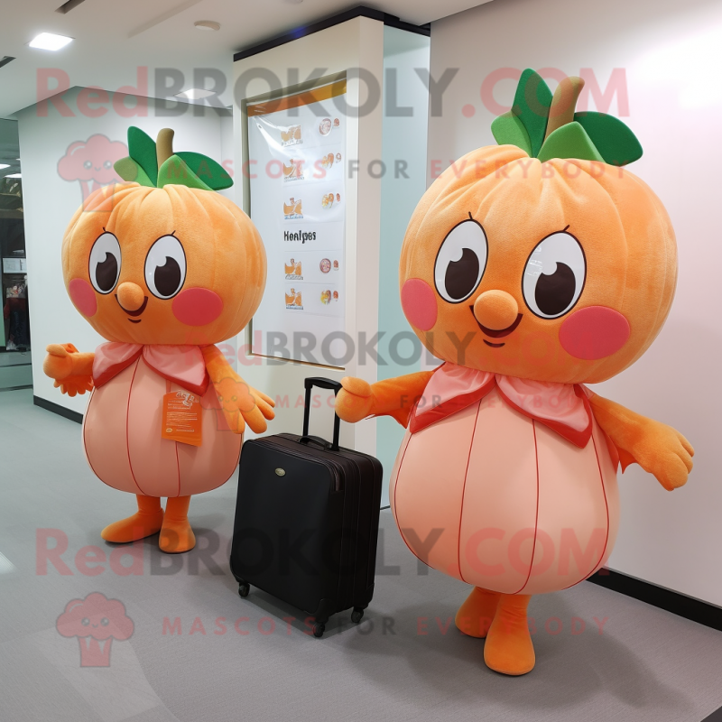 Peach Apricot mascot costume character dressed with a A-Line Dress and Briefcases