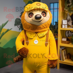 Yellow Sloth mascot costume character dressed with a Overalls and Headbands