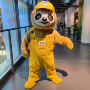 Yellow Sloth mascot costume character dressed with a Overalls and Headbands