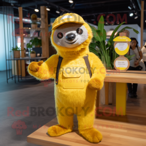 Yellow Sloth mascot costume character dressed with a Overalls and Headbands