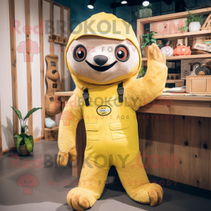 Yellow Sloth mascot costume character dressed with a Overalls and Headbands