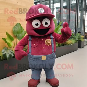 Maroon Grenade mascot costume character dressed with a Denim Shorts and Hats