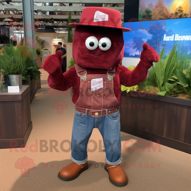 Maroon Grenade mascot costume character dressed with a Denim Shorts and Hats