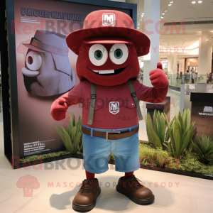 Maroon Grenade mascot costume character dressed with a Denim Shorts and Hats