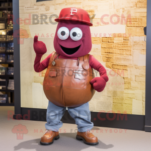 Maroon Grenade mascot costume character dressed with a Denim Shorts and Hats