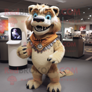 Tan Saber-Toothed Tiger mascot costume character dressed with a Turtleneck and Necklaces